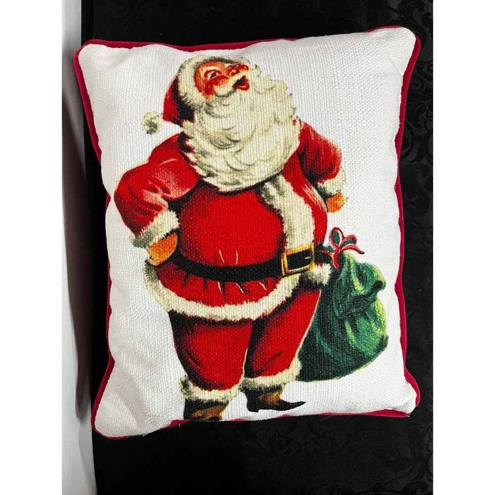 Vtg Style Santa Claus Christmas Throw Pillows Set of 2 Red Velvet Back 16x14 in